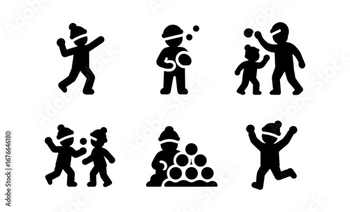 Winter fun silhouettes: kids playing snowball fight in black icon style