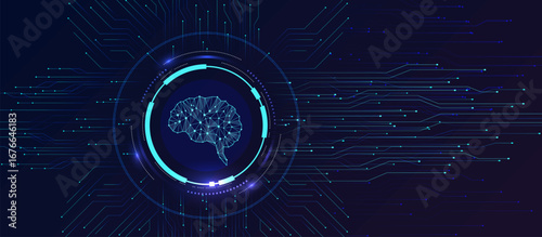 Futuristic digital pixelated brain within glowing turquoise circular frame over complex network of interwoven lines and dots on dark blue background