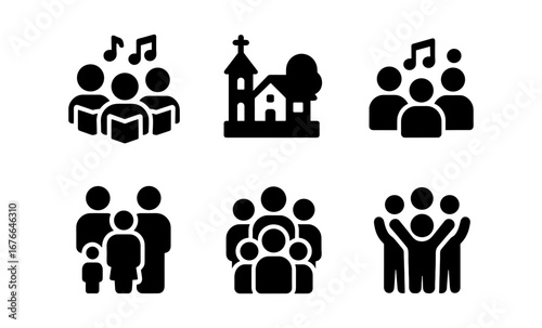 Silhouette icons of community gatherings and church choir