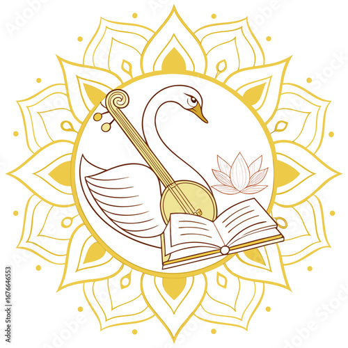Intricate indian goddess saraswati ornament featuring a veena symbolizing music art and knowledge rendered in a vibrant cmyk color palette with elegant typography
