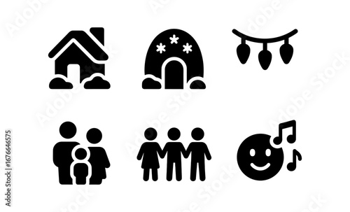 Festive winter and family icons in simple black silhouette style