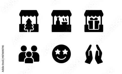Festive market icons: holiday shops, people, and emojis in bold silhouette design