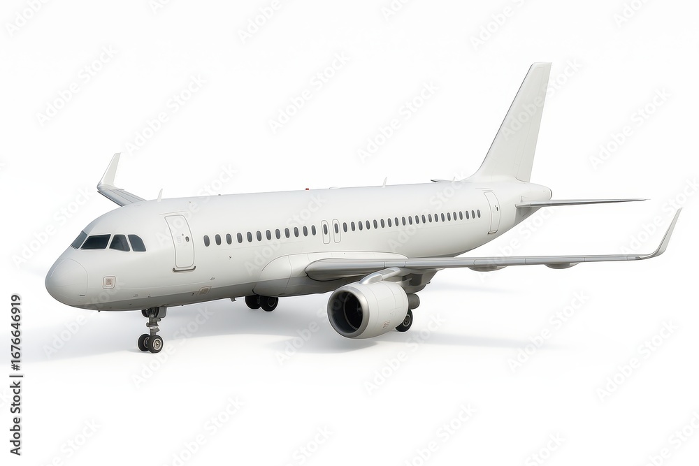 Obraz premium Modern Airplane: A sleek, contemporary airplane, embodying the essence of air travel, poised against a pristine, unmarked backdrop, highlighting its streamlined design.