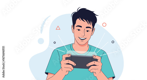 Happy young man enjoying mobile gaming entertainment and virtual reality experiences on a portable device