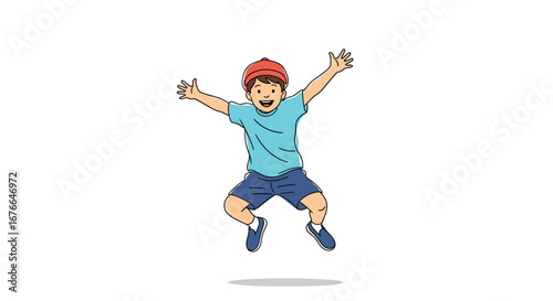 Joyful young boy with open arms in mid-air celebrating a happy moment