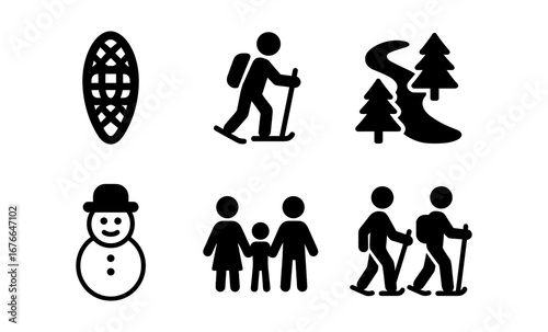 Winter activity icons: snowshoe, hiking, family, and snowman symbols in black and white