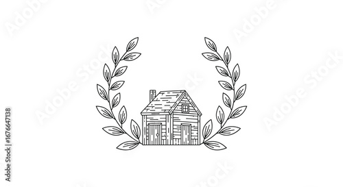 Rustic charm hand drawn home emblem surrounded by laurel leaves architectural design element vintage styled dwelling