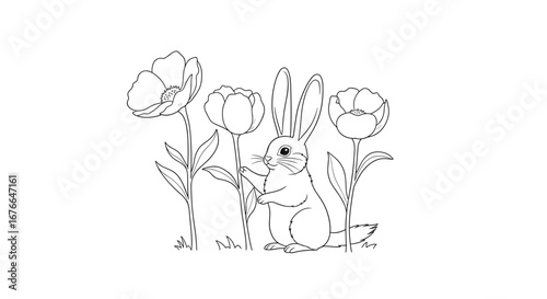 Charming bunny hiding among beautiful spring tulips and blossoms in a lush garden