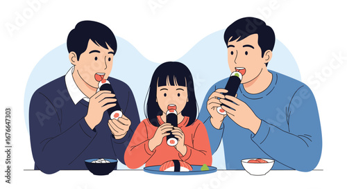 Family enjoying delicious sushi together on a special occasion