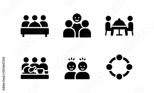 Family and friends dining icons: celebrating togetherness with simple silhouettes