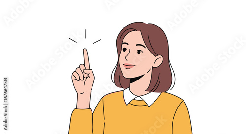A woman with brown hair points upward with her index finger illuminating a new idea or insight