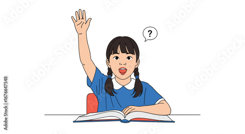 Young student enthusiastically raises hand to answer question during classroom lesson