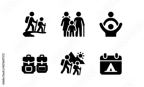 Hiking and family adventure icons for outdoor activities and camping