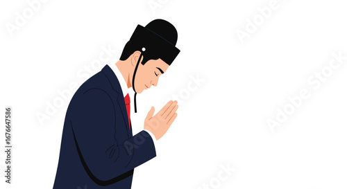 Person in traditional headwear and suit bows respectfully to greet or apologize