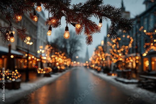 Bright Christmas decorations on urban trees. Decoration of the city before the coming New Year. 