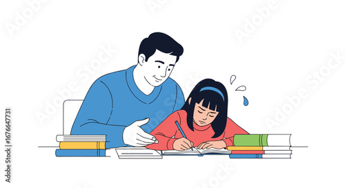 Engaged father patiently guides his daughter through difficult homework assignment at the table