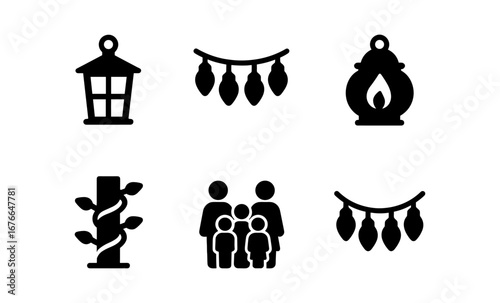 Silhouette icons of lanterns family and nature elements