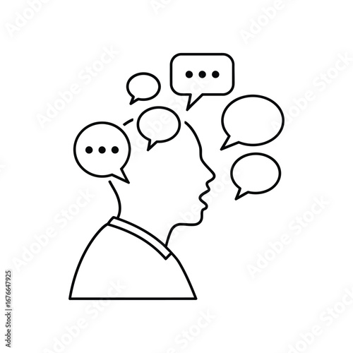 Inner Voice: A minimalist line drawing encapsulates the concept of internal dialogue or thought process, depicting a person with speech bubbles floating above their head.
