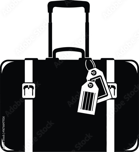 Black suitcase with luggage tags, travel and vacation icon, silhouette