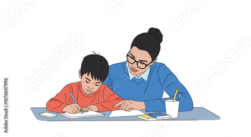 Dedicated teacher assists young student with homework assignments focused on learning and development