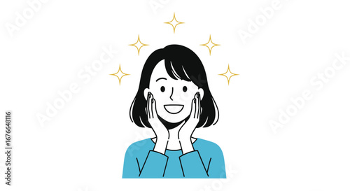 Excited young woman with glowing skin and sparkling eyes radiating pure happiness and youthful energy on a bright background
