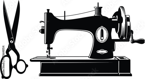 Vintage sewing machine and scissors, classic tailoring tools, monochrome
