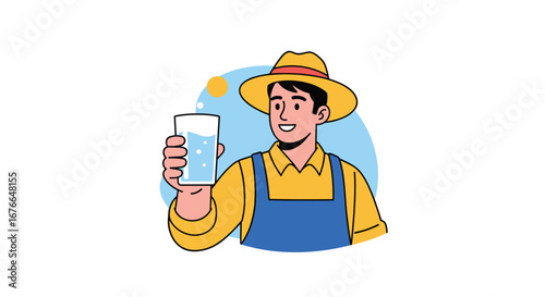Happy farmer holds refreshing glass of clean water under sunny skies promoting agriculture sustainability