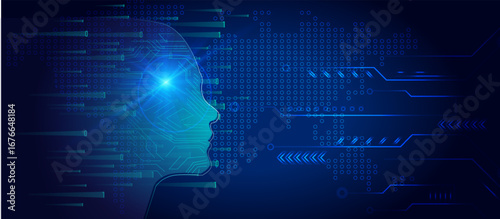 human head silhouette overlaid with glowing turquoise-blue digital circuits, binary code streams, and data lines on dark navy background with teal light, technology concept illustration