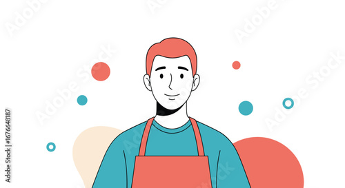 Friendly chef in apron and blue shirt with abstract shapes and bubbles background