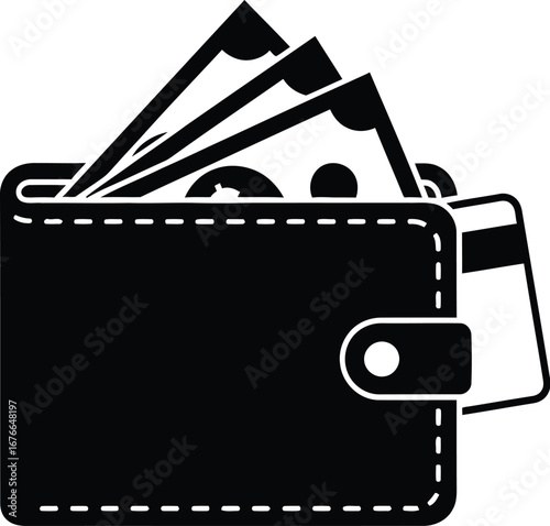 Full black wallet with money and credit card, finance and payment