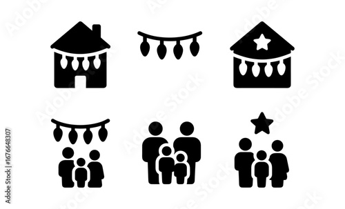 Family and home holiday silhouettes with festive decorations
