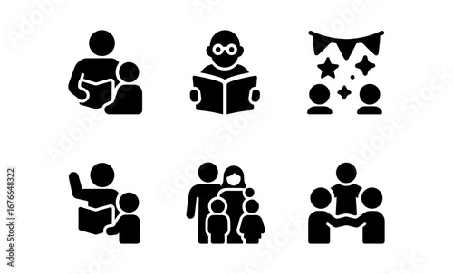 Silhouette icons of family activities: reading, teaching, and celebrating together