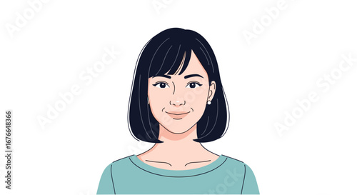 Charming young woman with short dark hair and a pleasant expression wearing a teal top