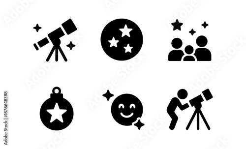Astronomy icons set: telescope, stars, family, ornament, moon, and stargazing