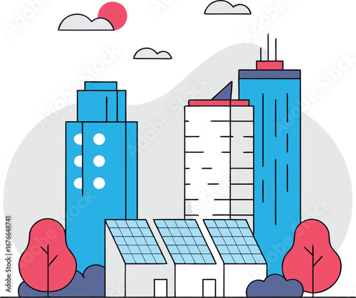 Eco-Friendly Cityscape: Illustrative representation of an environmentally conscious city, showcasing buildings with solar panels, symbolizing sustainability, and renewable energy efforts.