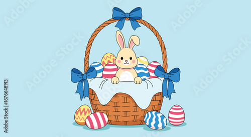 Adorable easter bunny peeking from wicker basket filled with colorful eggs decorations