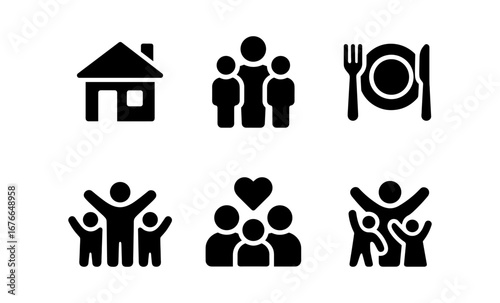 Simple family icons: home, meal, and togetherness symbols in black silhouette