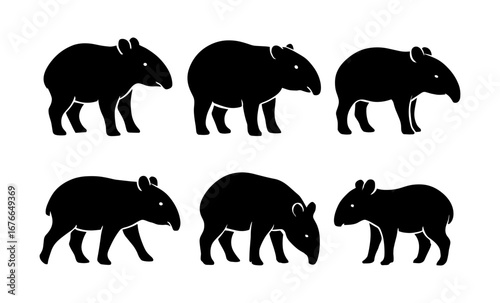 Silhouette tapir set: 6 unique black silhouettes of tapirs in various poses