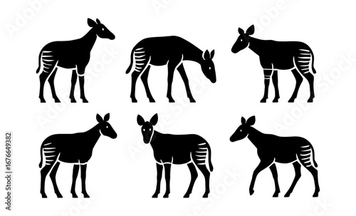 Silhouette okapi set: simplistic black animal figures on white background