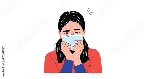 Person wearing a face mask holding tissue feeling unwell with symptoms of sickness
