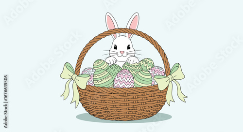 Adorable easter bunny hiding amongst colorful eggs in woven basket with green ribbons