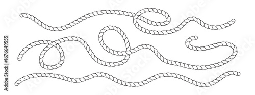 Black and white vector depiction of twisted rope designs creating loops and curves. Minimalistic style. Vector