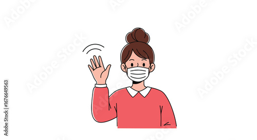 Young woman wearing a face mask waving hello to you during a pandemic