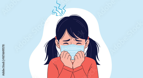 Young person feeling unwell holding tissue over mouth while wearing face mask symptoms visible