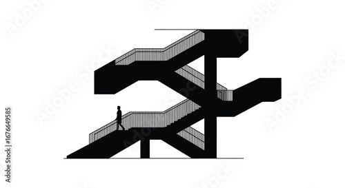 A person standing on a multi level staircase with railings and open walkways silhouette
