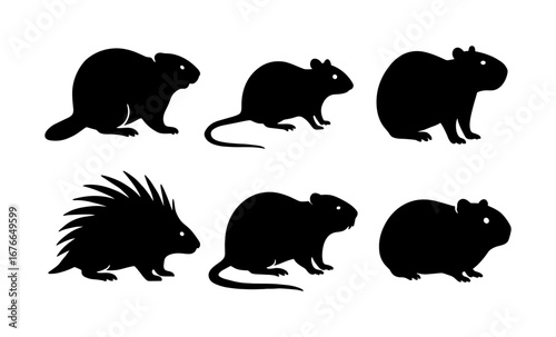 Silhouette rodents collection: beaver, rat, capybara, porcupine