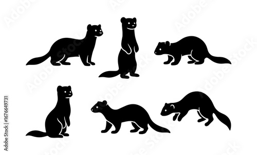 Silhouette ferret set: playful and curious ferret poses from different angles