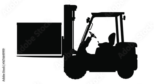Black silhouette of a forklift operator lifting a large box