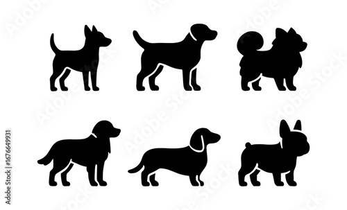 Silhouette set of popular dog breeds in black and white design