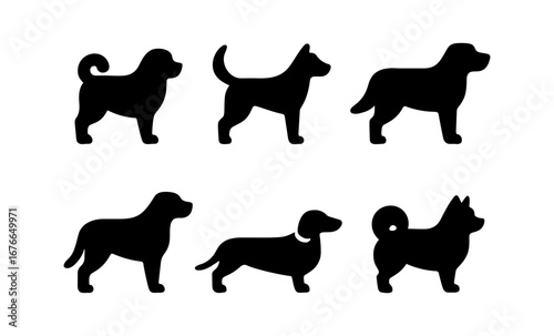 Silhouette collection of diverse dog breeds in simple black profiles